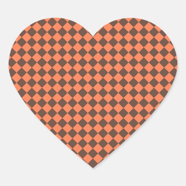 Coral Brown Chequered Diamond Pattern Heart Sticker (Front)