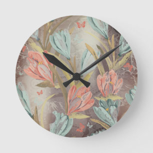 Coral Brown Floral Coffe Blue Ivory Butterfly Round Clock