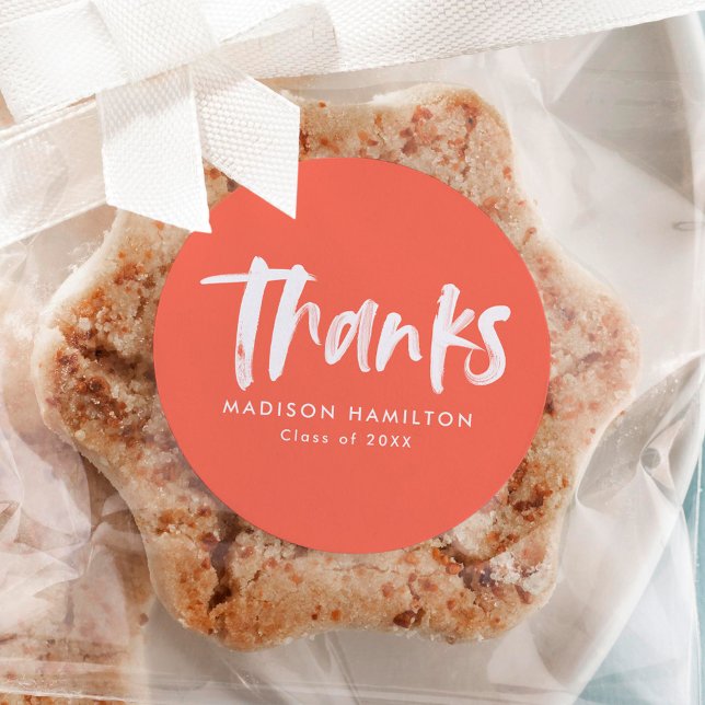Coral | Brush Script Graduation Thank You Classic Round Sticker (Creator Uploaded)