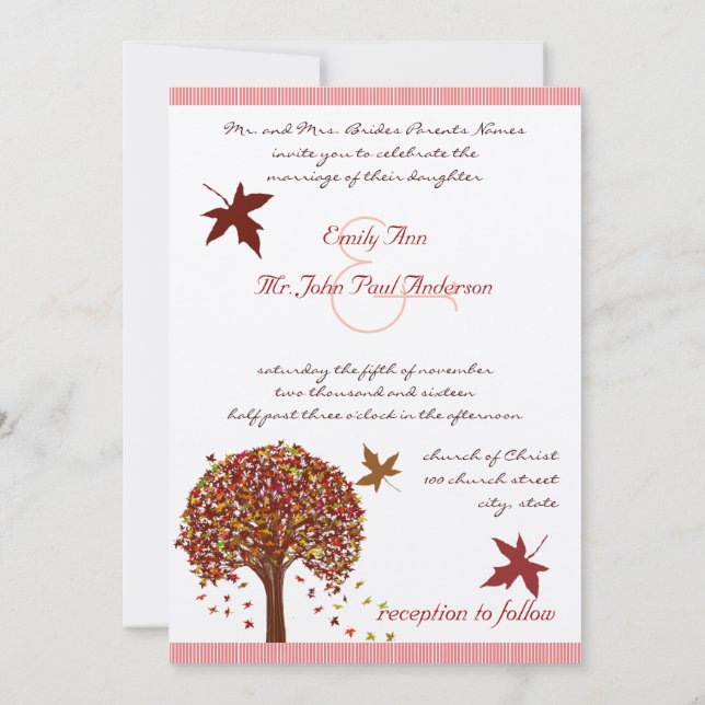Coral Burgundy Red Pink Tree Wedding Invitation (Back)