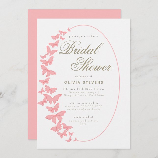 Coral Butterflies Boho Frame Elegant Bridal Shower Invitation (Front/Back)