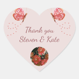 Coral Butterfly Flowers Photo Thank you Heart Sticker