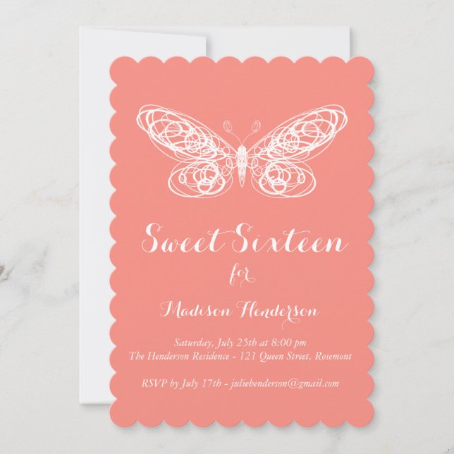 Coral Butterfly Sweet Sixteen Invitation (Front)