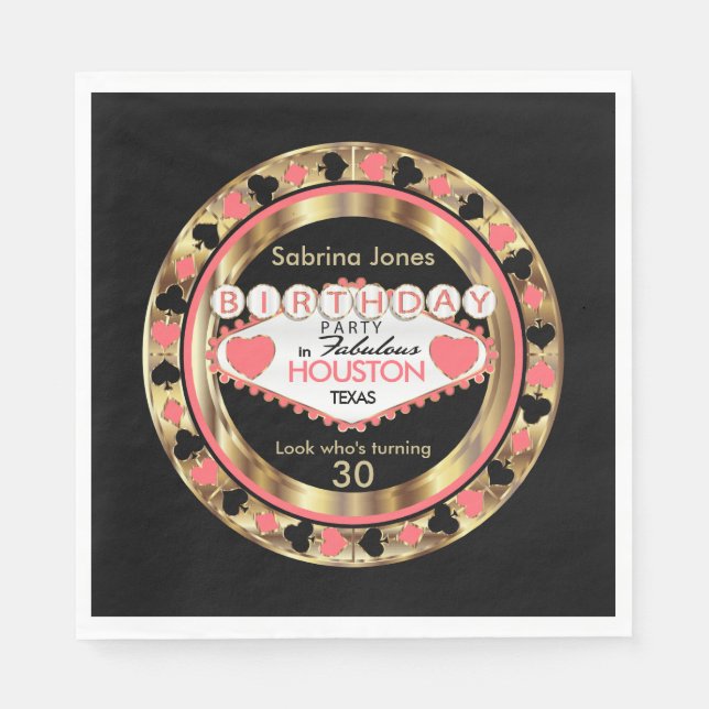 Coral Casino Poker Chip Birthday Party Napkin (Front)