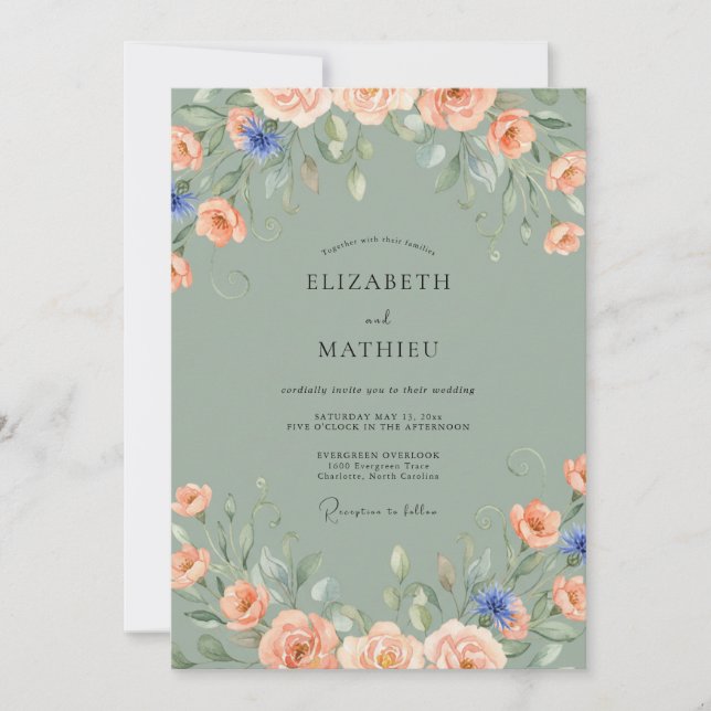 Coral Celadon Peony Wedding Invitation (Front)
