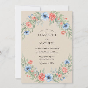 Coral Cerulean Foliage Eucalyptus Wedding Invitation