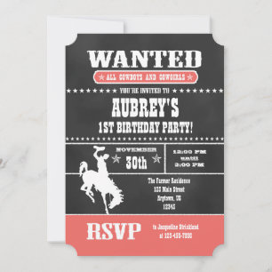 Coral Chalkboard Cowboy Birthday Invitation