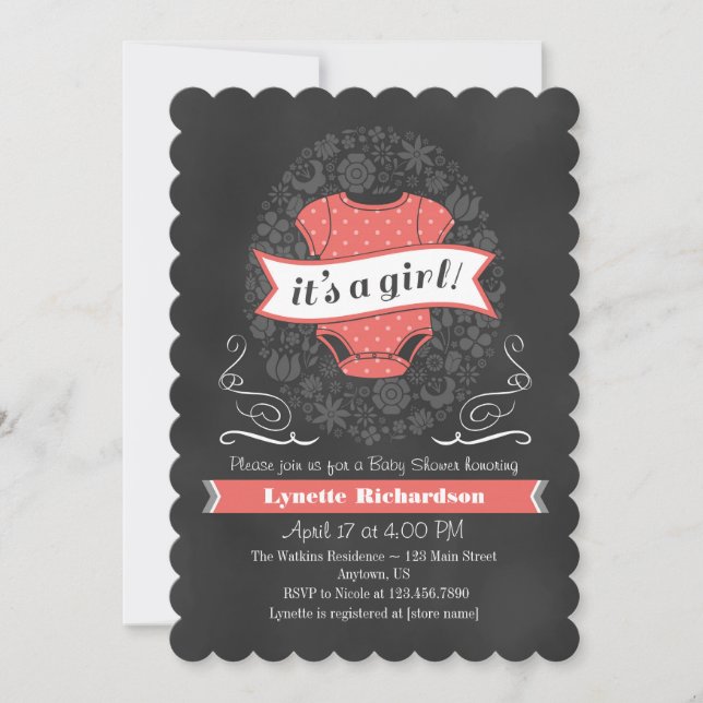 Coral Chalkboard Girl Baby Shower Invite (Front)