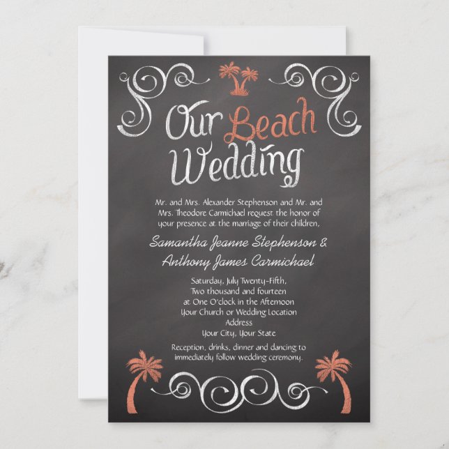 Coral Chalkboard Script Beach Wedding Invitation (Front)