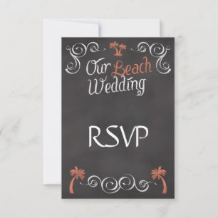 Coral Chalkboard Script Beach Wedding RSVP Card