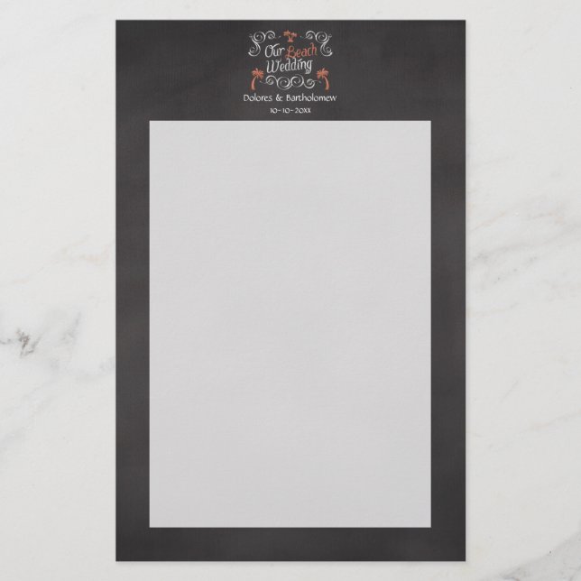 Coral Chalkboard Script Beach Wedding Stationery (Front)