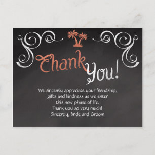 Coral Chalkboard Script Beach Wedding Thank You Postcard