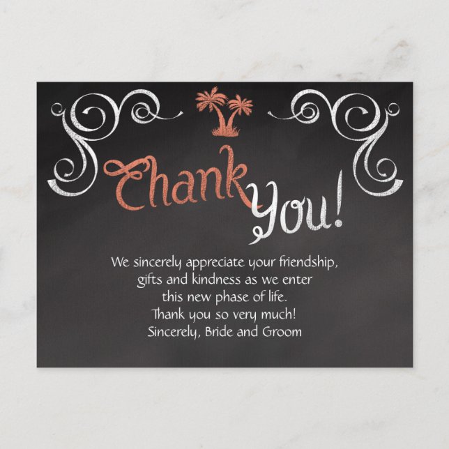 Coral Chalkboard Script Beach Wedding Thank You Postcard (Front)