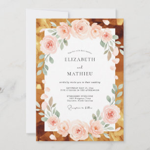 Coral Champagne Gold Leafy Wedding Invitation