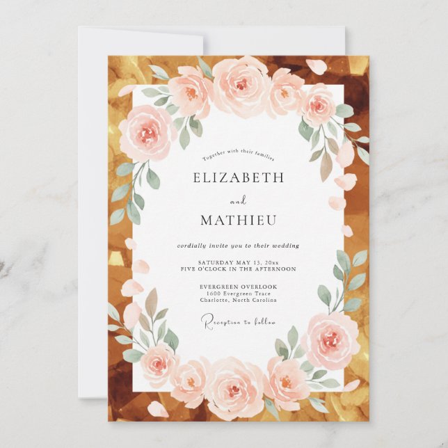 Coral Champagne Gold Leafy Wedding Invitation (Front)
