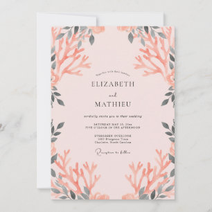 Coral Charcoal Leafy Wedding Invitation