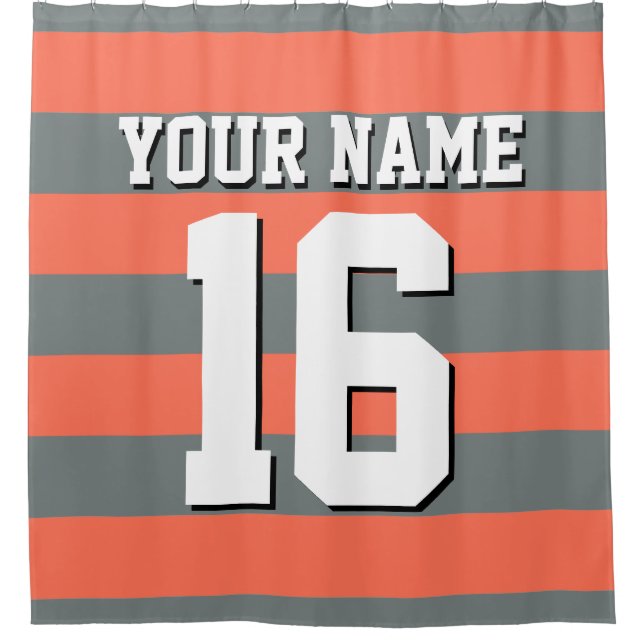 Coral Charcoal Sports Jersey Preppy Stripe Shower Curtain (Front)
