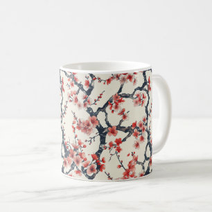 Coral Cherry Blossom Branches Ivory Asian Floral Coffee Mug