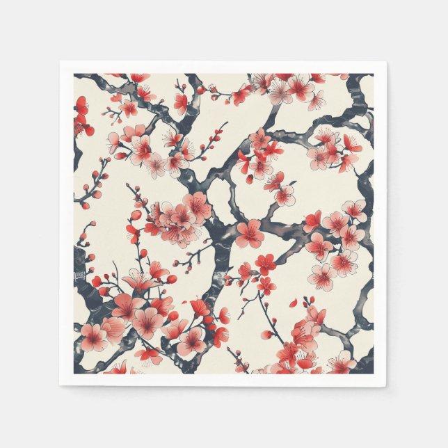 Coral Cherry Blossom Branches Ivory Asian Floral Napkin (Front)