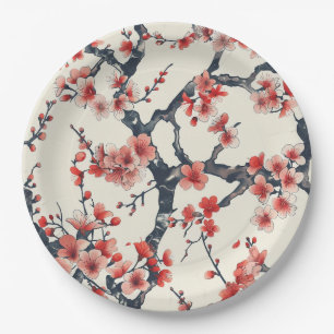 Coral Cherry Blossom Branches Ivory Asian Floral Paper Plate