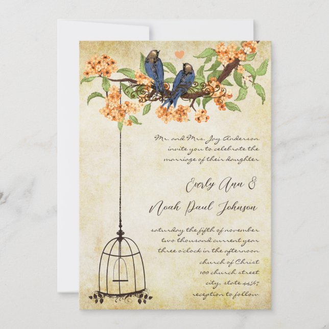 Coral Cherry Blossom Lattice Birdcage Wedding Invitation (Front)