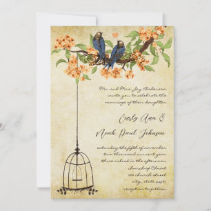 Coral Cherry Blossom Lattice Birdcage Wedding Invitation