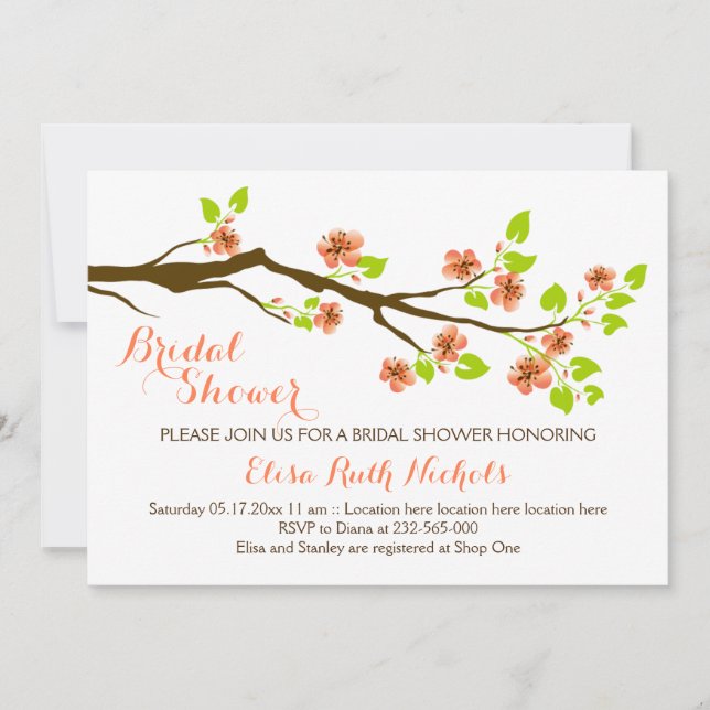 Coral cherry blossoms spring wedding bridal shower invitation (Front)