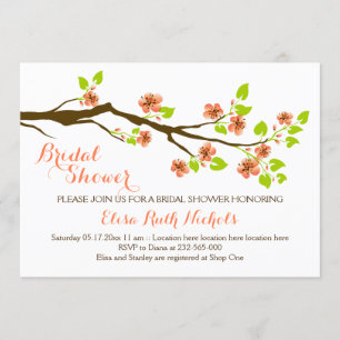 Coral cherry blossoms spring wedding bridal shower invitation