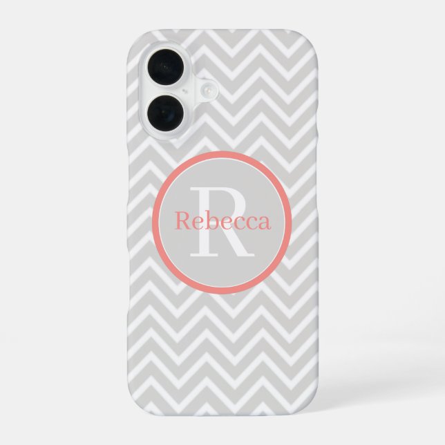 Coral Chevron Monogram Barely There iPhone 16 Case (Back)