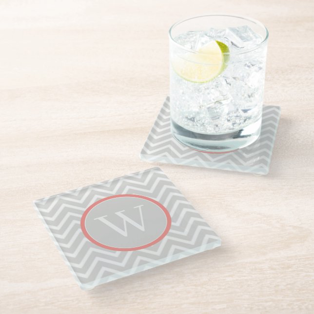 Coral Chevron Monogram Glass Coaster (Angled)
