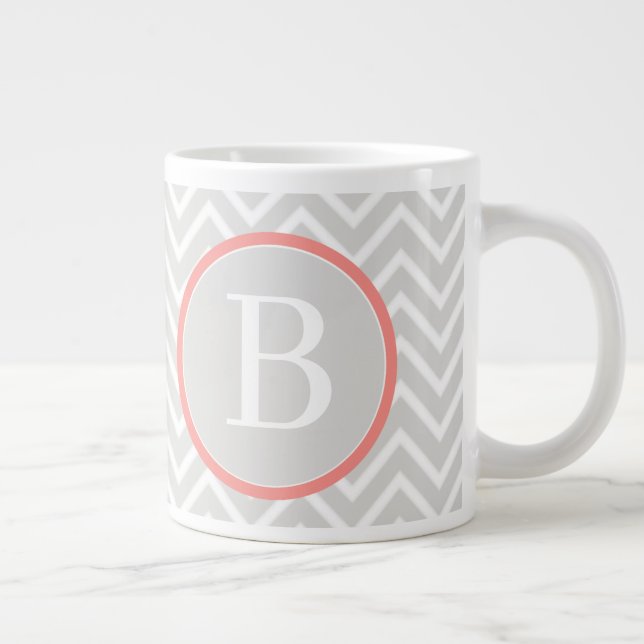 Coral Chevron Monogram Large Coffee Mug (Right)