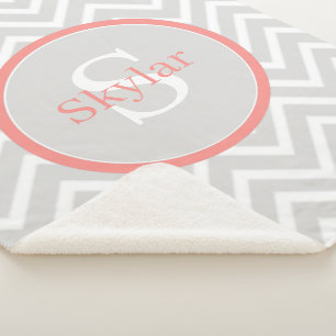 Coral Chevron Monogram Sherpa Blanket
