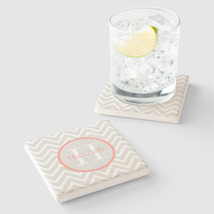Coral Chevron Monogram Stone Coaster