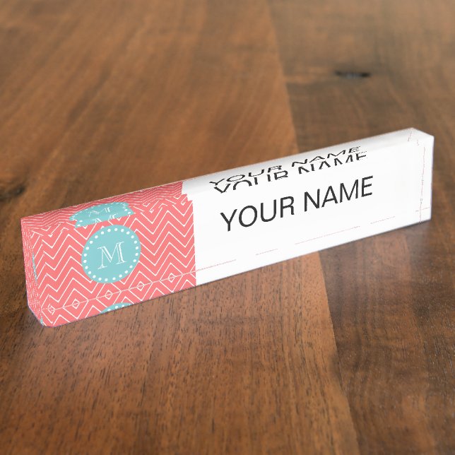 Coral Chevron Pattern | Teal Monogram Nameplate (Side)