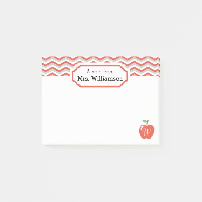 Coral Chevron Peach/Apple Monogrammed Teacher Note (Front)