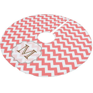 Coral Chevron Stripe Monogram Initial Tree Skirt
