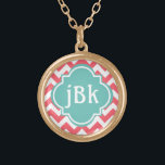 Coral Chevron with Turquoise Centre to Monogram Gold Plated Necklace<br><div class="desc">Here's a pretty, on-trend necklace featuring a monogrammable centre. The chevron stripes are coral and white, the middle medallion is a soft teal, and the lettering is pure white. Change the initials to any text you like, it's so easy to make personalised necklaces for yourself and as gifts for everyone....</div>