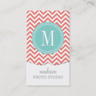 Coral Chevron Zigzag Personalised Monogram Business Card