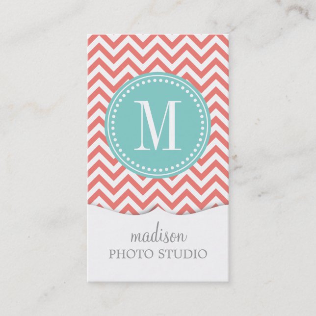 Coral Chevron Zigzag Personalised Monogram Business Card (Front)