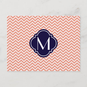 Coral Chevron Zigzag Stripes with Monogram Postcard