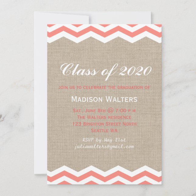 Coral Chevrons on Burlap Graduation Invitation (Front)