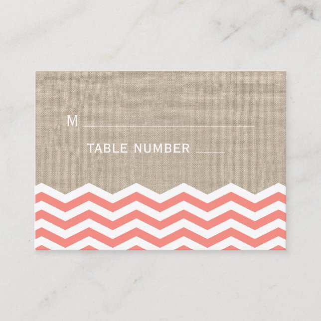Coral Chevrons on Burlap Place Card (Front)