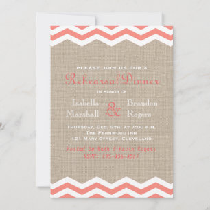 Coral Chevrons on Burlap Rehearsal Dinner Invite