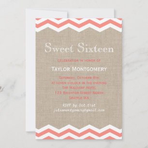 Coral Chevrons on Burlap Sweet Sixteen Invitation