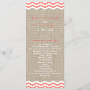 Coral Chevrons on Burlap Wedding Program Programme