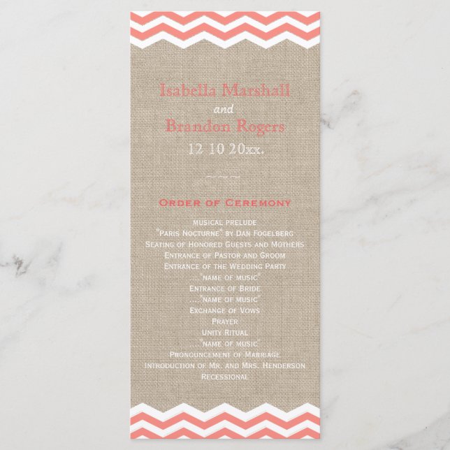 Coral Chevrons on Burlap Wedding Program Programme (Front)