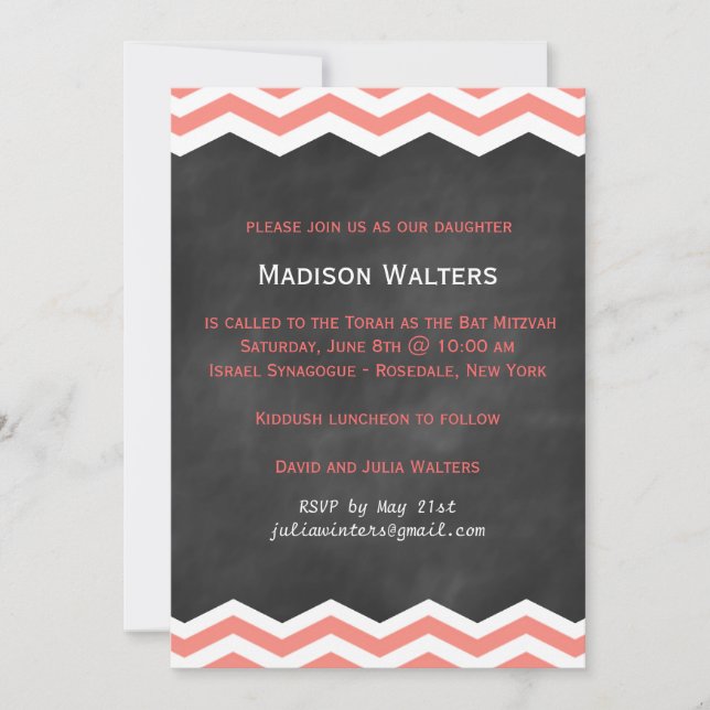 Coral Chevrons on Chalkboard Bat Mitzva Invitation (Front)