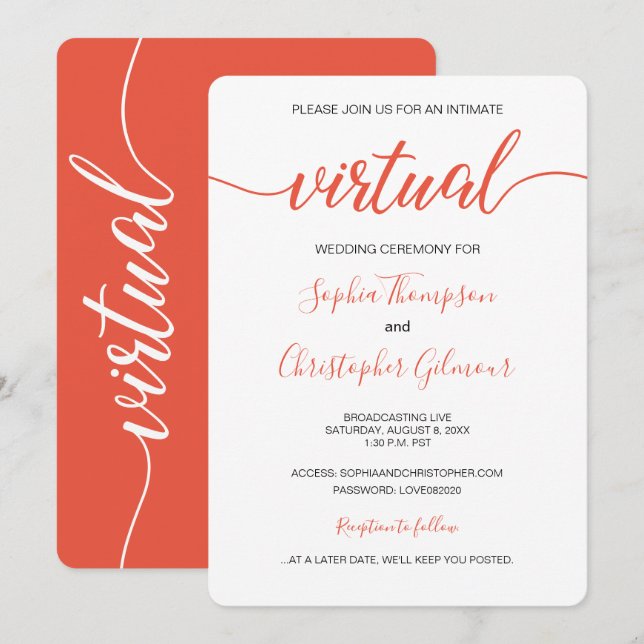 Coral Chic Simple Custom LIVE VIRTUAL Wedding Invitation (Front/Back)
