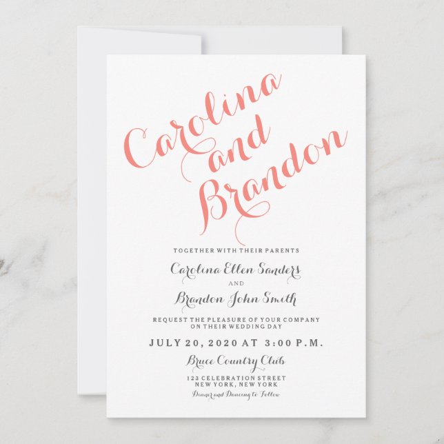 Coral Classic Script Elegant Wedding Invitation (Front)