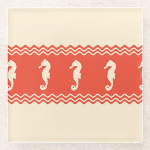 Coral Coastal Seahorses Stripes Glass Coaster